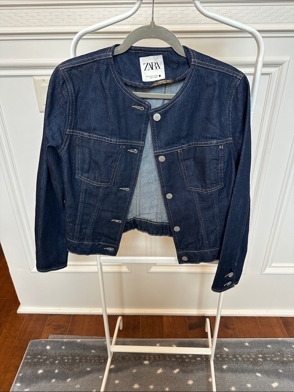 Zara Dark Indigo Collarless Denim Jacket Size M